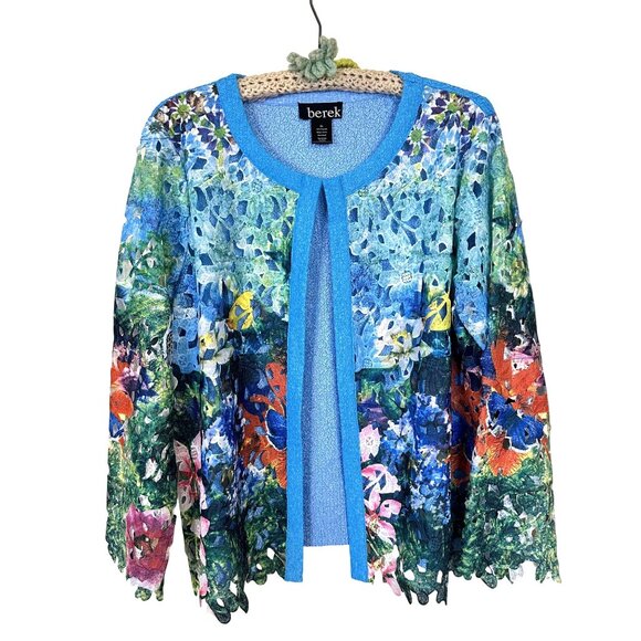 Berek Womens Cardigan XL Multicolor Blue Floral Open Front Top Shirt Jacket Vtg - Picture 1 of 7